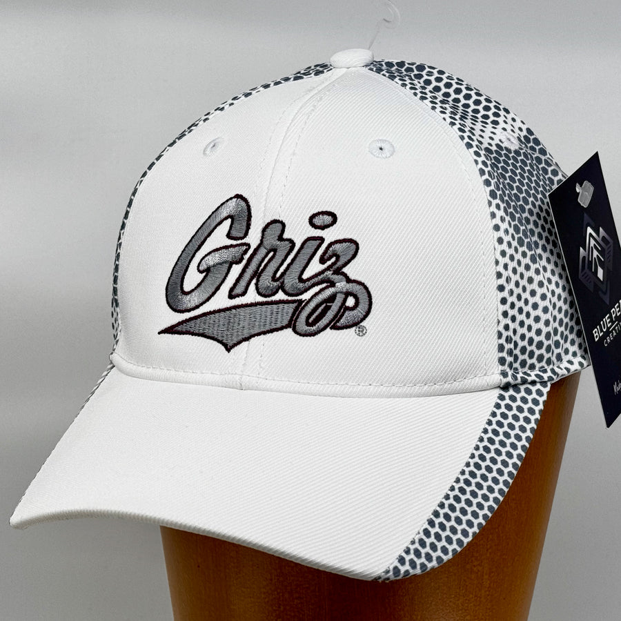 Blue Peak Creative's white and grey Sport Tek Camo Hex Hat embroidered with a grey University of Montana Griz script outlined in maroon (3/4 view)