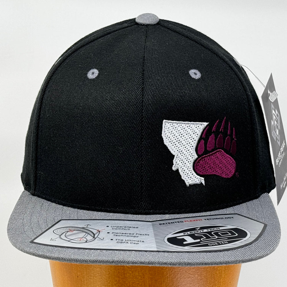 Blue Peaks Creative's black and grey Wool Flat Bill Hat embroidered with the Montana Paw design in maroon and silver (front view)