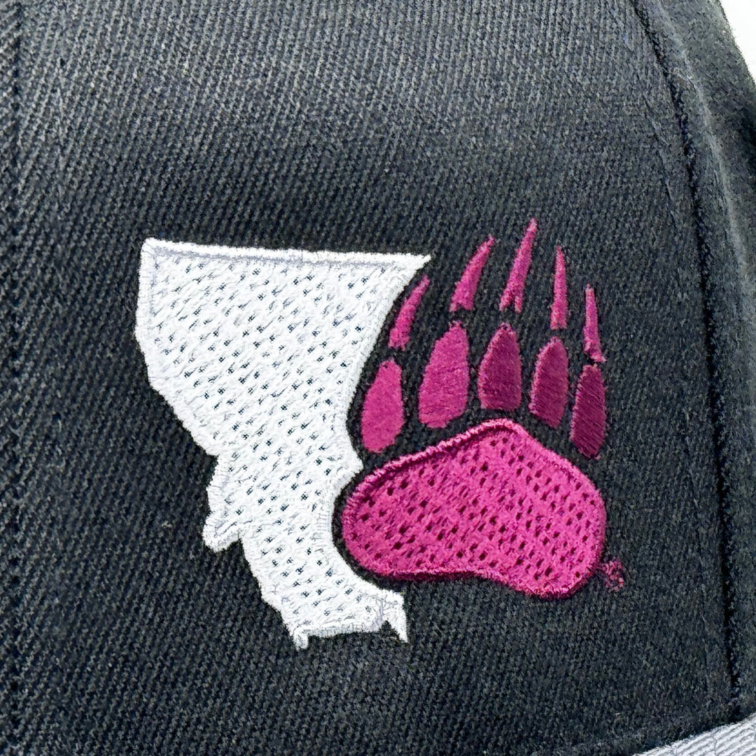 Blue Peaks Creative's black and grey Wool Flat Bill Hat embroidered with the Montana Paw design in maroon and silver (detail)