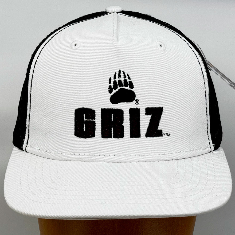 Blue Peaks Creative's black and white Surfer Trucker Hat embroidered with the Griz Block Small Paw design in maroon and black (front view)