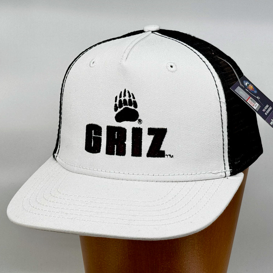 Blue Peaks Creative's black and white Surfer Trucker Hat embroidered with the Griz Block Small Paw design in maroon and black (3/4 view)