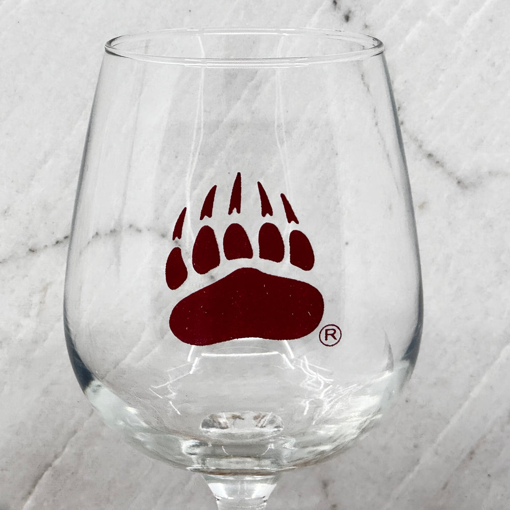 Blue Peak Creative's Griz Paw Wine Glass - a stemmed wine glass featuring the University of MT Grizzlies paw (maroon, detail)