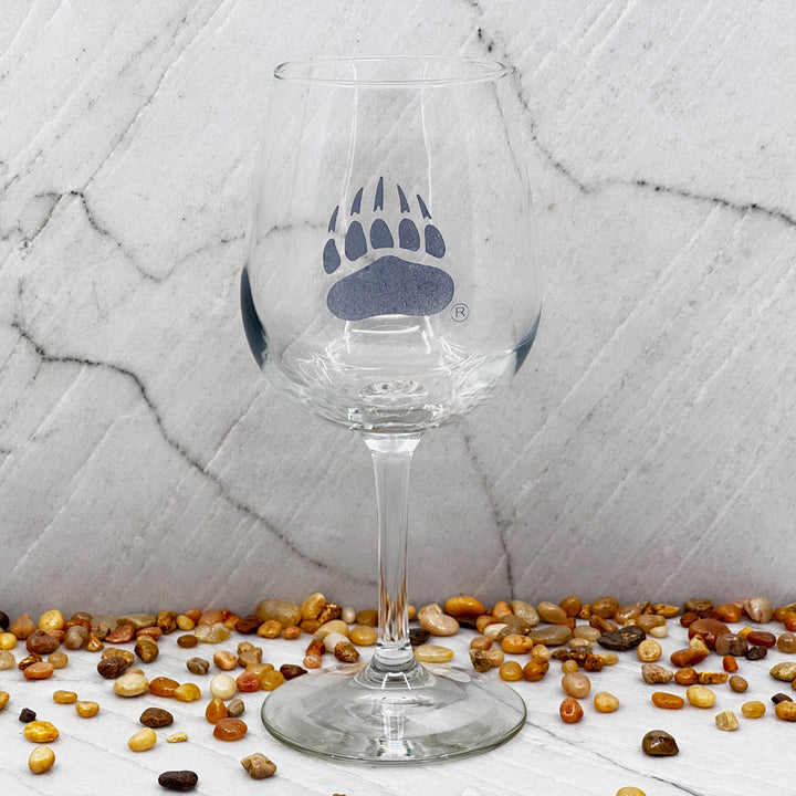 Blue Peak Creative's Griz Paw Wine Glass - a stemmed wine glass featuring the University of MT Grizzlies paw (grey)