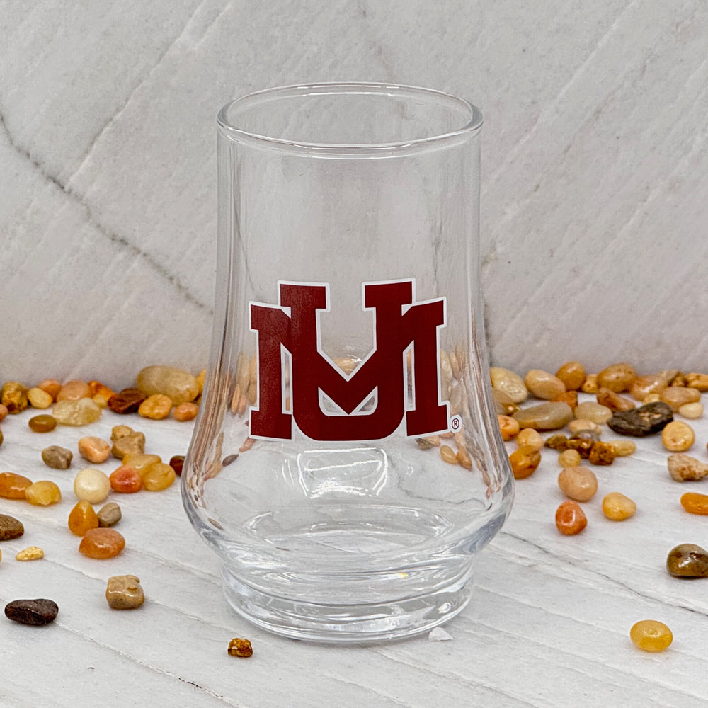 Blue Peak Creative's Montana Grizzlies Glen Cairn Whiskey Glass - Glen Cairn Whiskey Glasses decorated with University of Montana logo (front)