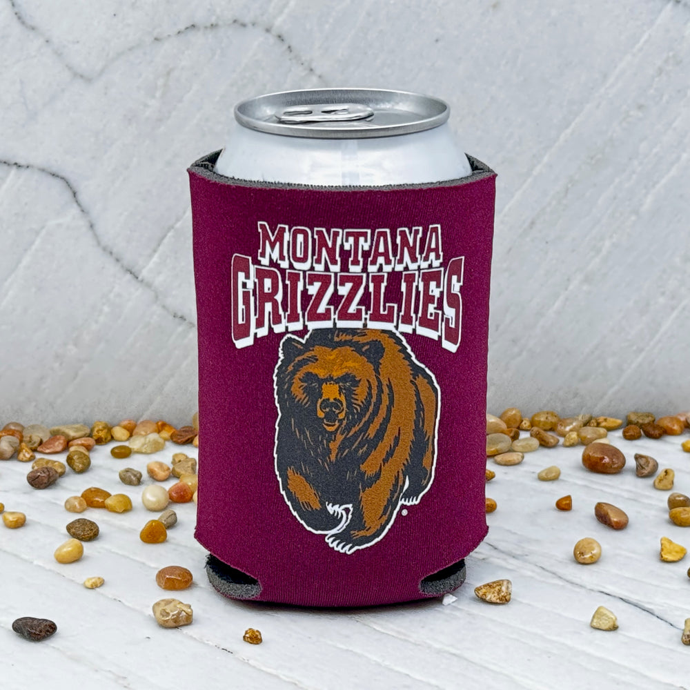 Blue Peak Creative's UM Griz Can Cooler - maroon can koozie with the Montana Grizzlies Charging Bear design (front)