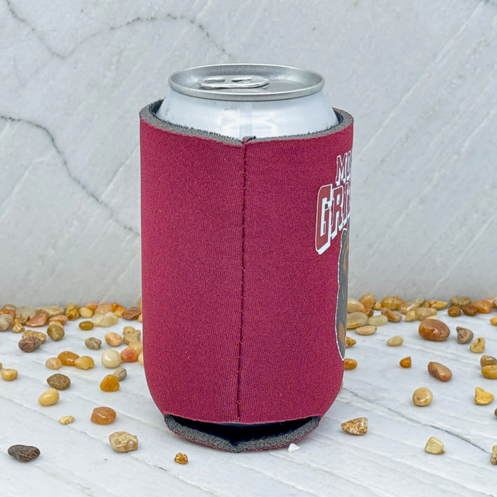 Blue Peak Creative's UM Griz Can Cooler - maroon can koozie with the Montana Grizzlies Charging Bear design (side)