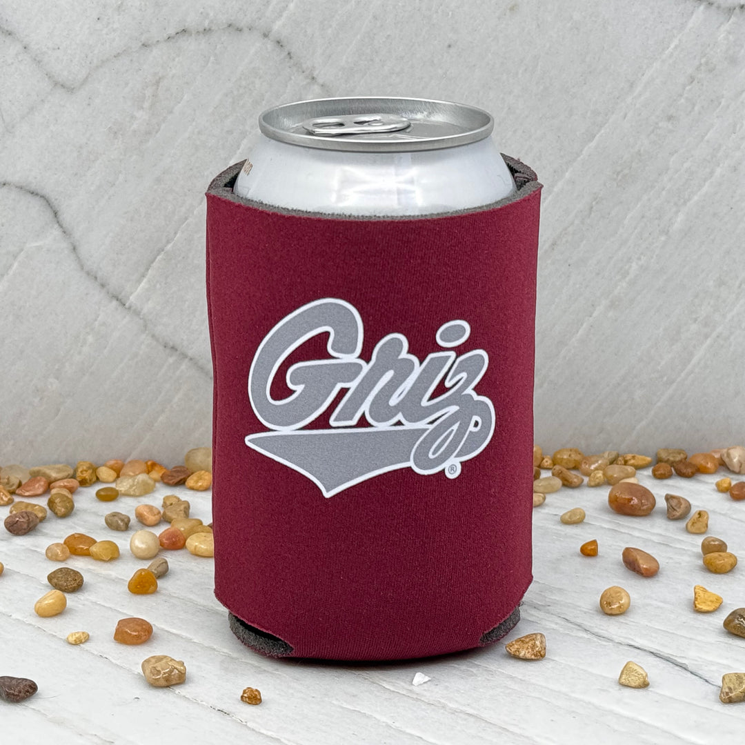 Blue Peak Creative's UM Griz Can Cooler - maroon can koozie with the University of Montana Griz Script design (front)