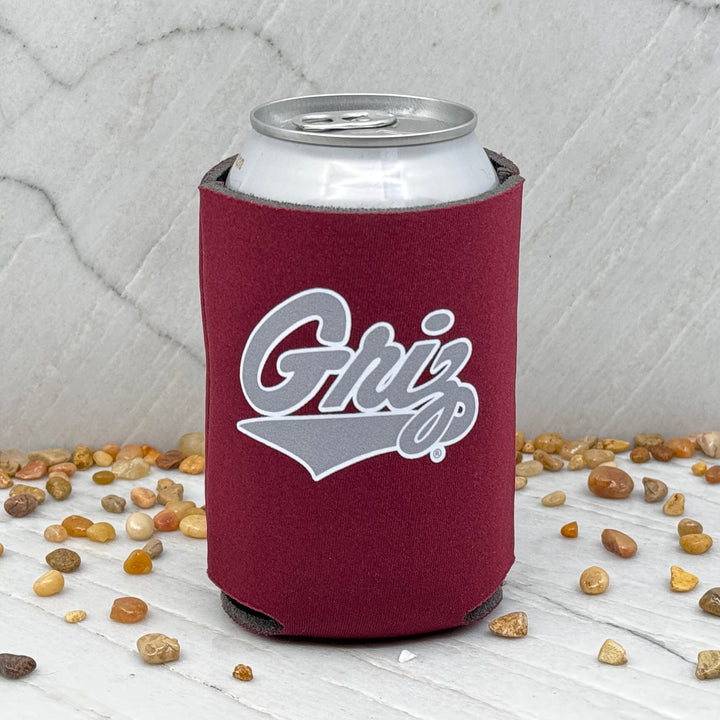 Blue Peak Creative's UM Griz Can Cooler - maroon can koozie with the University of Montana Griz Script design (front)