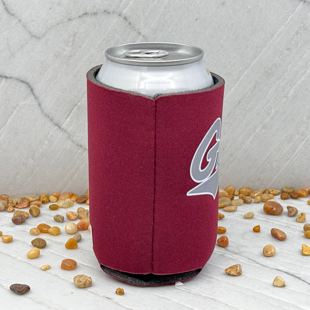 Blue Peak Creative's UM Griz Can Cooler - maroon can koozie with the University of Montana Griz Script design (side)