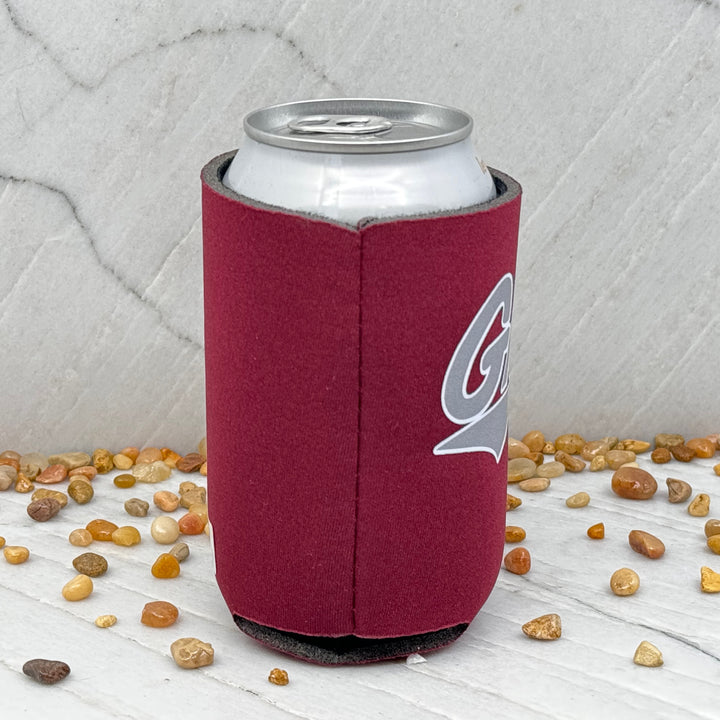 Blue Peak Creative's UM Griz Can Cooler - maroon can koozie with the University of Montana Griz Script design (side)