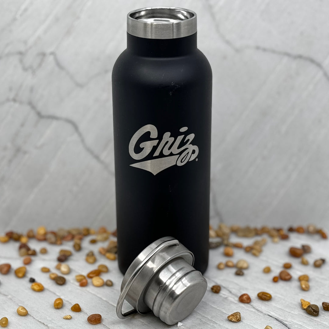 Blue Peaks Creative's Griz Script Black 20 oz Stainless Steel Tumbler - black stainless steel water bottle decorated with the classic UM Griz Script (top off)
