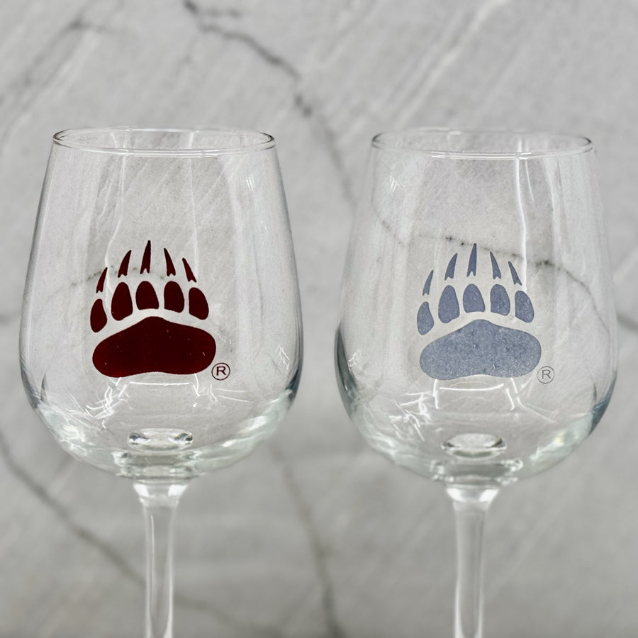 Blue Peak Creative's Griz Paw Wine Glasses - two stemmed wine glasses featuring the University of MT Grizzlies paw (maroon and silver)