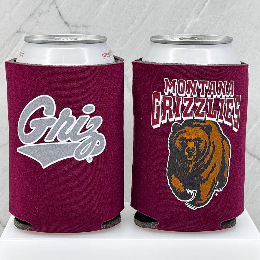 Blue Peak Creative's UM Griz Can Coolers - maroon can koozies in one of two designs (Griz Script and Montana Grizzlies Charging Bear)