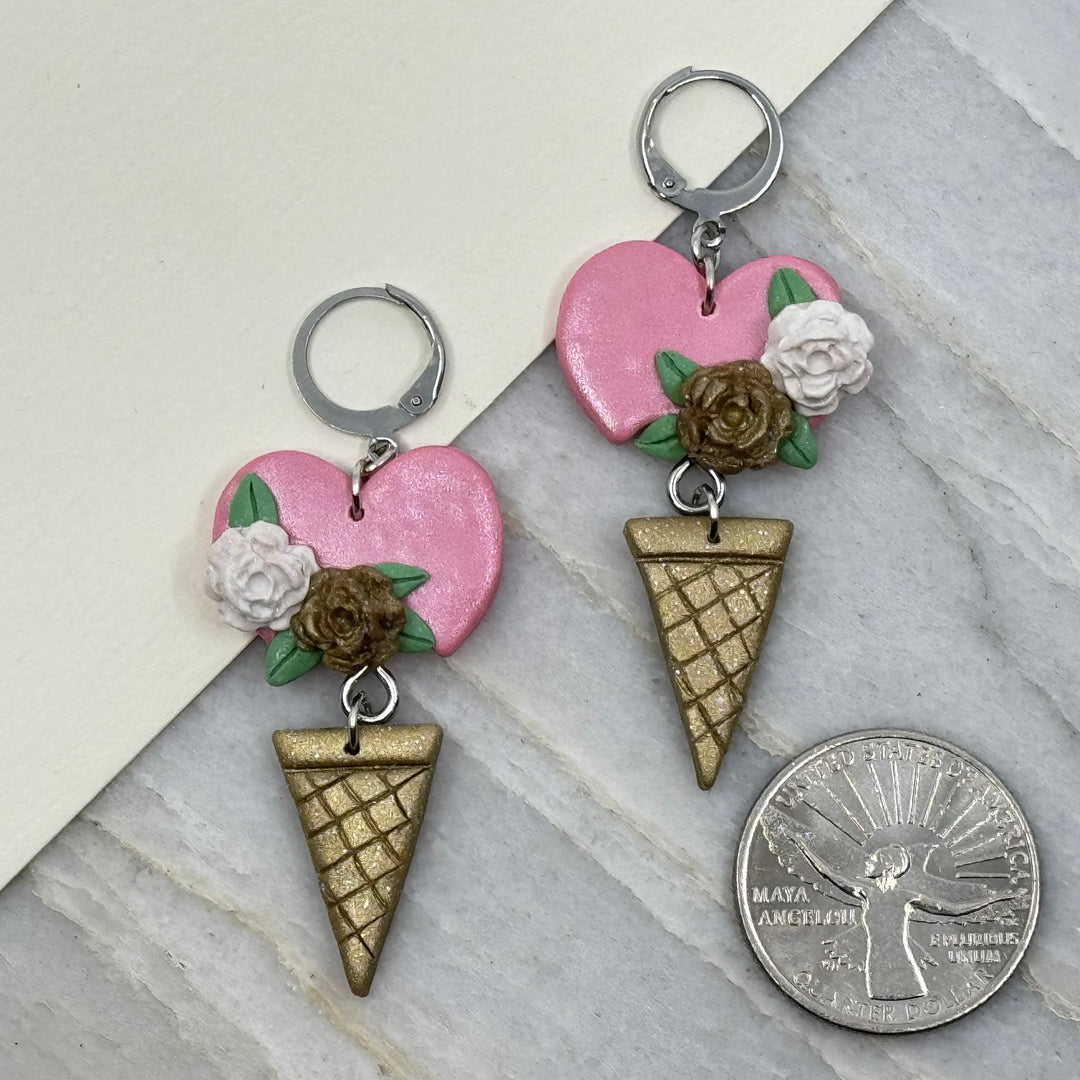 Pair of Bitterroot Shining Creations' Valentine Earrings (heart ice cream), with scale
