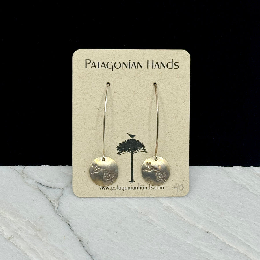 Patagonian Hands's Fine Silver (.999) Long Hummingbird Earrings (large) with Sterling Silver (.925) threader ear wires, on card