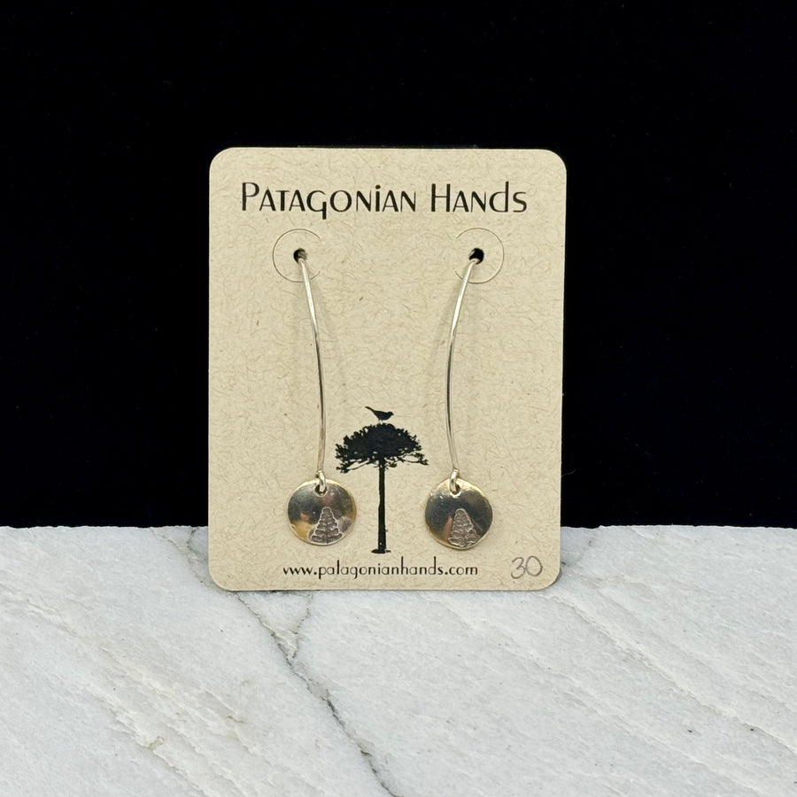 Patagonian Hands's Fine Silver (.999) Long Tree Earrings with Sterling Silver (.925) threader ear wires, on card