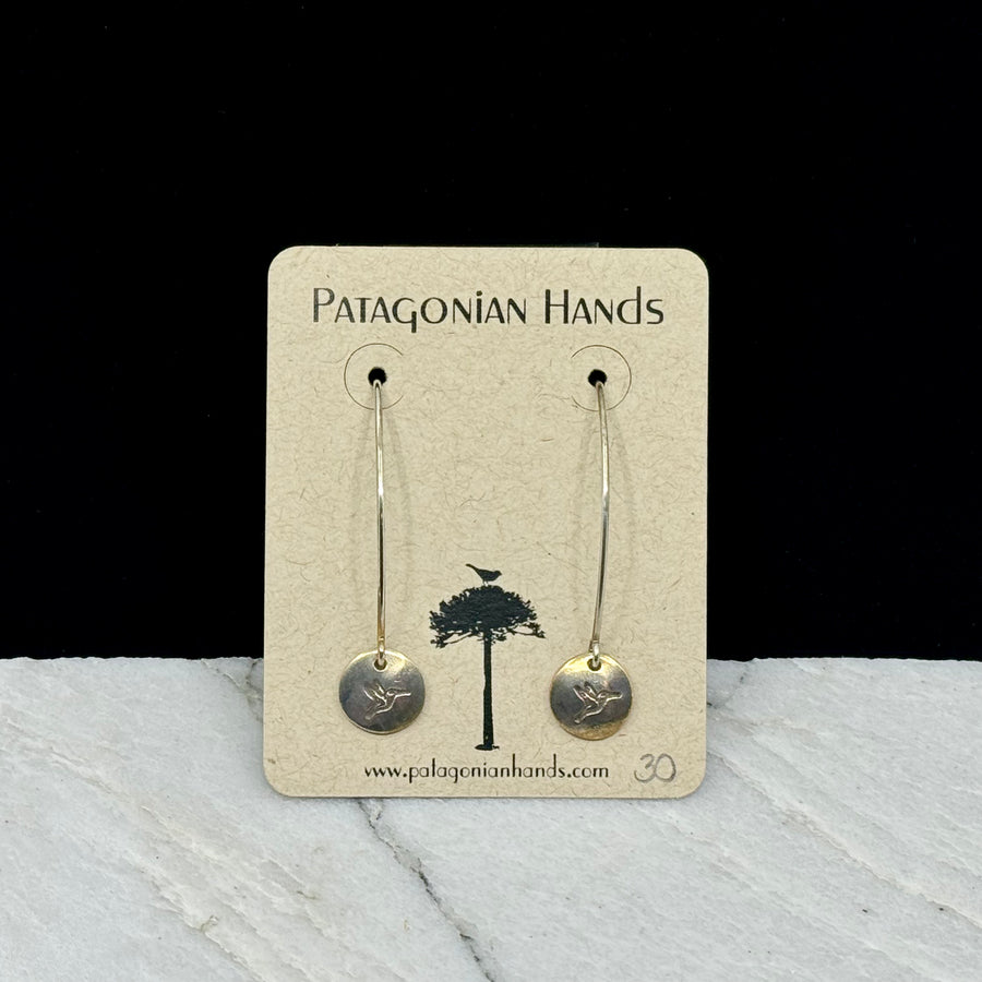 Pair of Patagonian Hands's Fine Silver (.999) Long Hummingbird Earrings (small) with Sterling Silver (.925) threader ear wires, on card