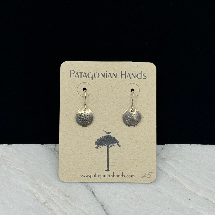 Pair of Patagonian Hands's Fine Silver (.999) Textured Earrings with Sterling Silver (.925) Wires, on card