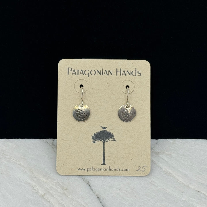 Pair of Patagonian Hands's Fine Silver (.999) Textured Earrings with Sterling Silver (.925) Wires, on card