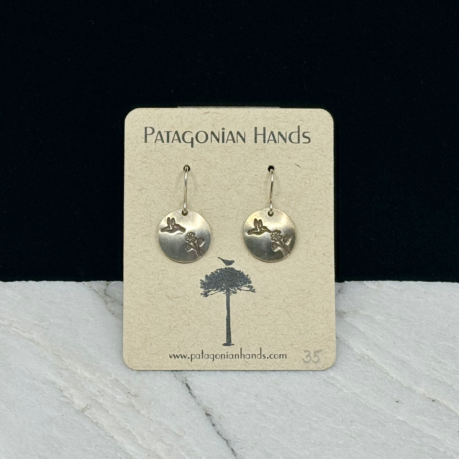 Pair of Patagonian Hands's Fine Silver (.999) Hummingbird Earrings with Sterling Silver (.925) Wires, on card