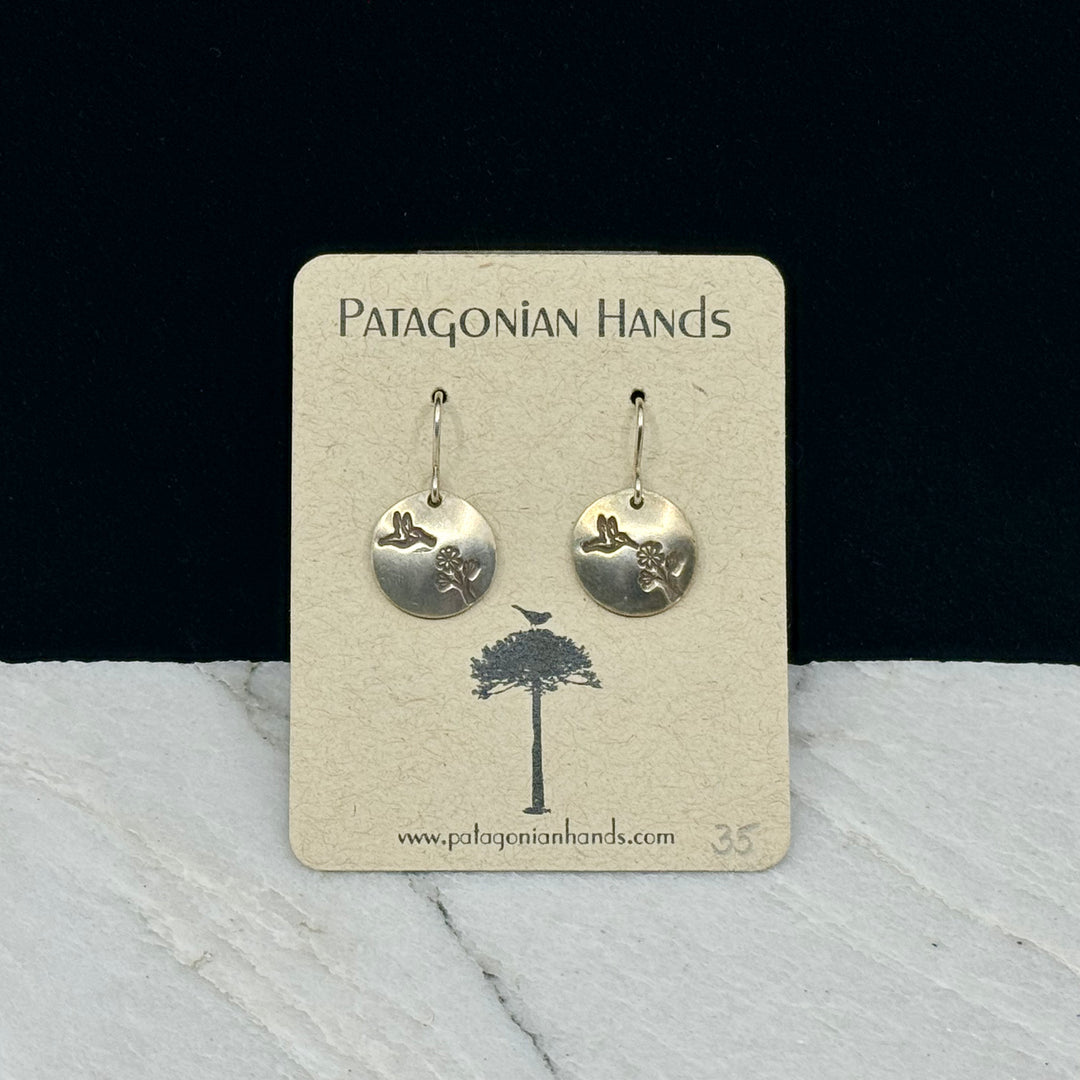 Pair of Patagonian Hands's Fine Silver (.999) Hummingbird Earrings with Sterling Silver (.925) Wires, on card