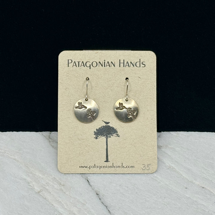 Pair of Patagonian Hands's Fine Silver (.999) Hummingbird Earrings with Sterling Silver (.925) Wires, on card