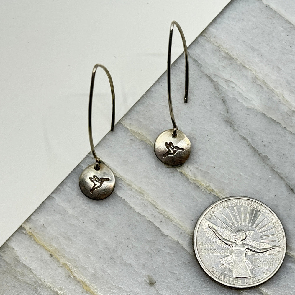 Pair of Patagonian Hands's Fine Silver (.999) Long Hummingbird Earrings (small) with Sterling Silver (.925) threader ear wires, with scale