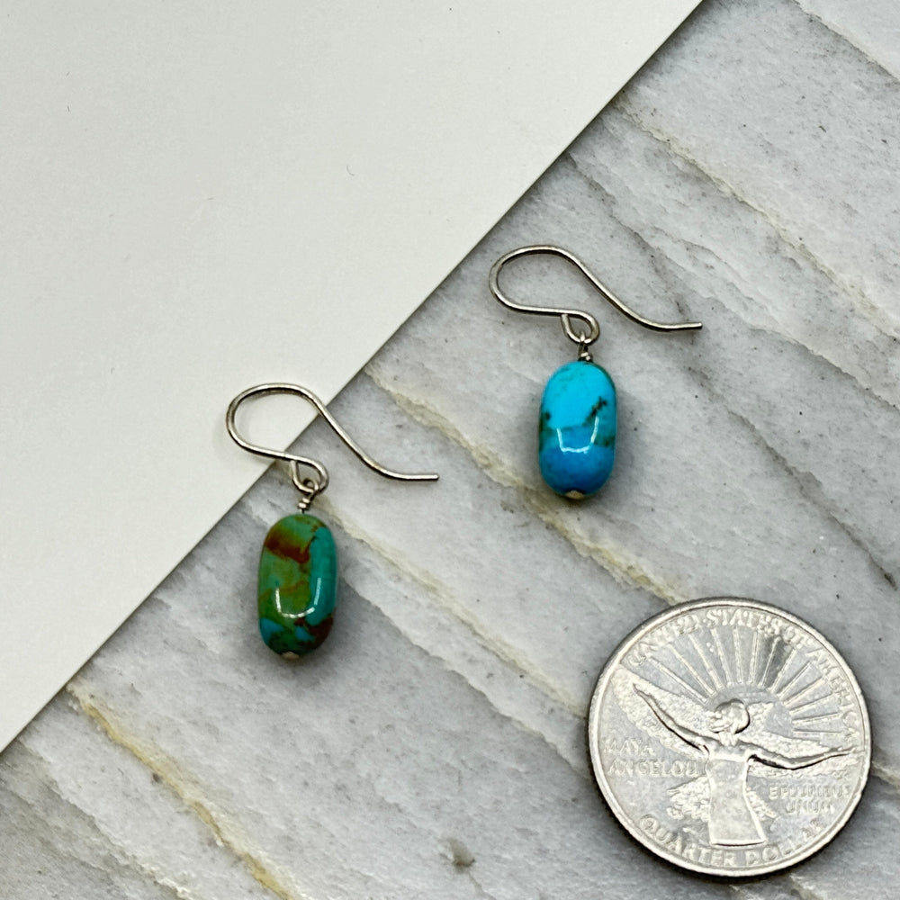 Pair of Kingman Turquoise and Sterling Silver (.925) Earrings by Patagonian Hands, with scale