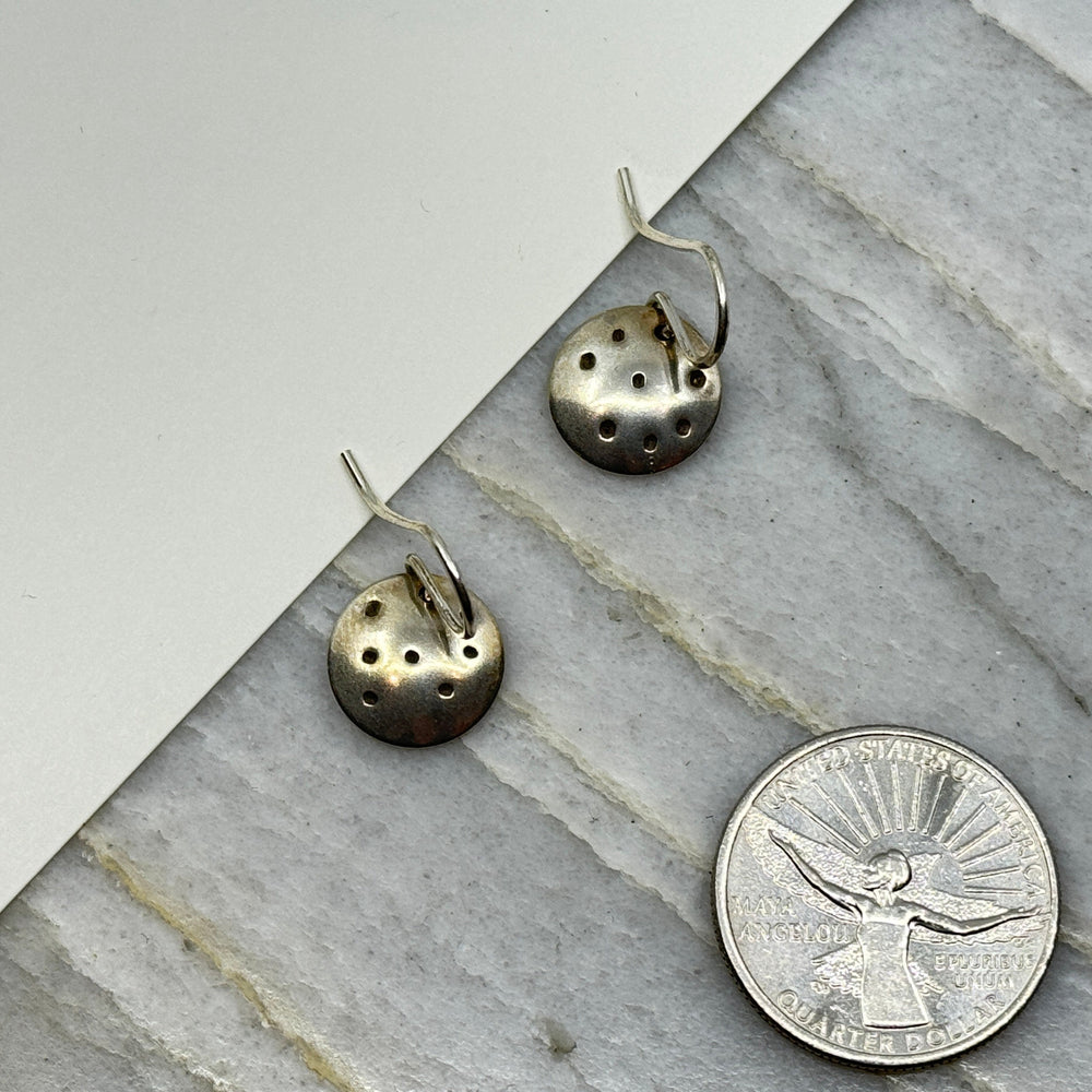 Pair of Fine Silver (.999) Dots Earrings with Sterling Silver (.925) Wires by Patagonian Hands, with scale