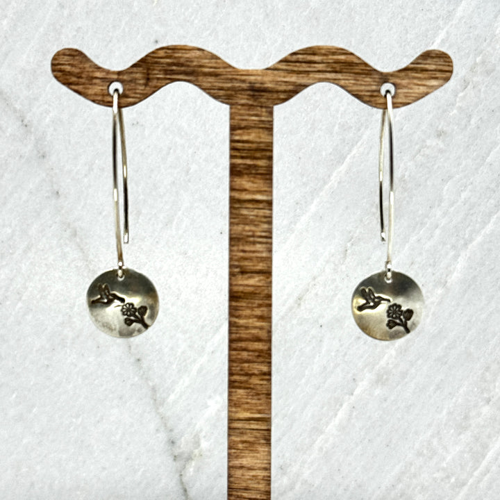 Patagonian Hands's Fine Silver (.999) Long Hummingbird Earrings (large) with Sterling Silver (.925) threader ear wires