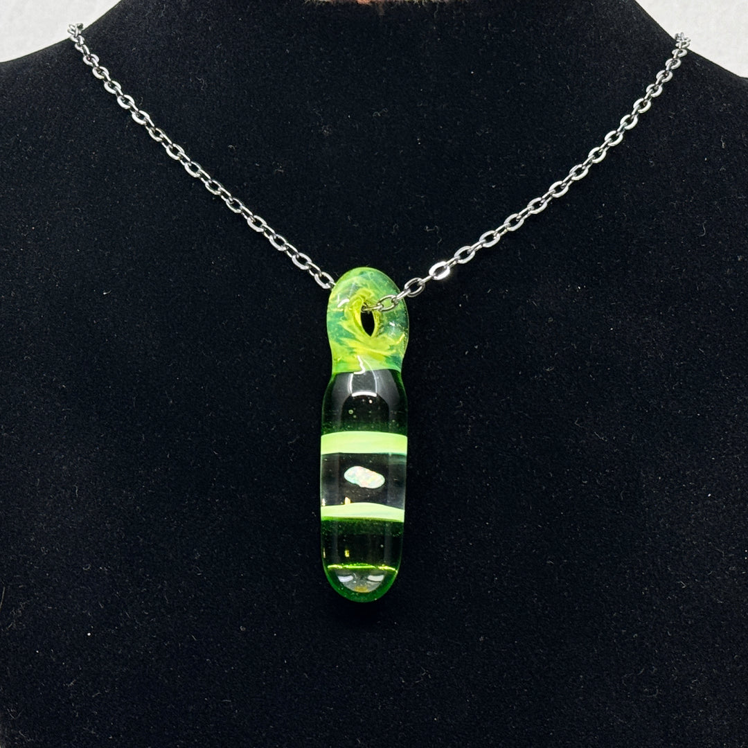 Hand Blown Glass and Opal Pendant by Blue Flame Glass on metal chain (single opal, light green and dark green)