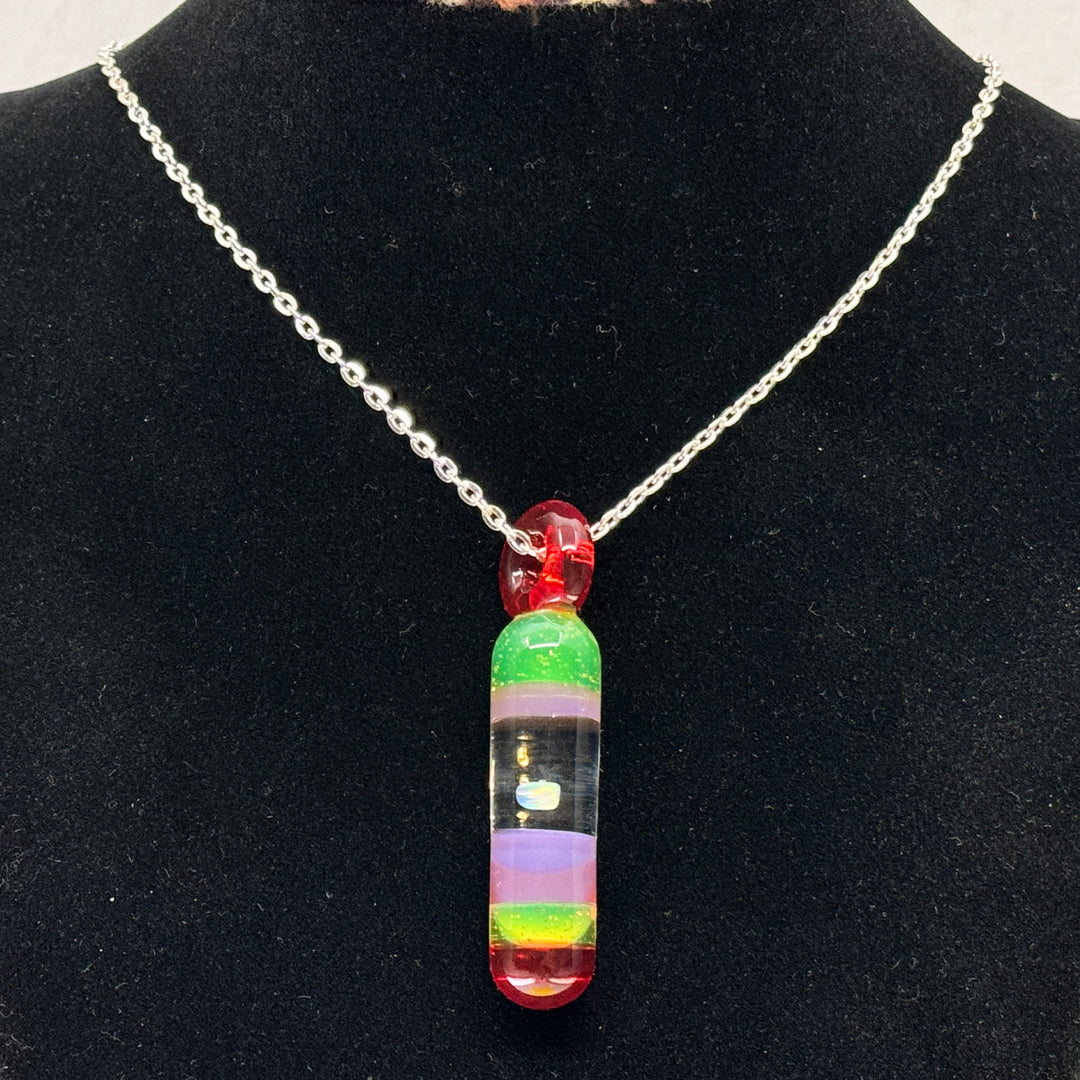 Hand Blown Glass and Opal Pendant by Blue Flame Glass on metal chain (single opal, red, green, and purple)