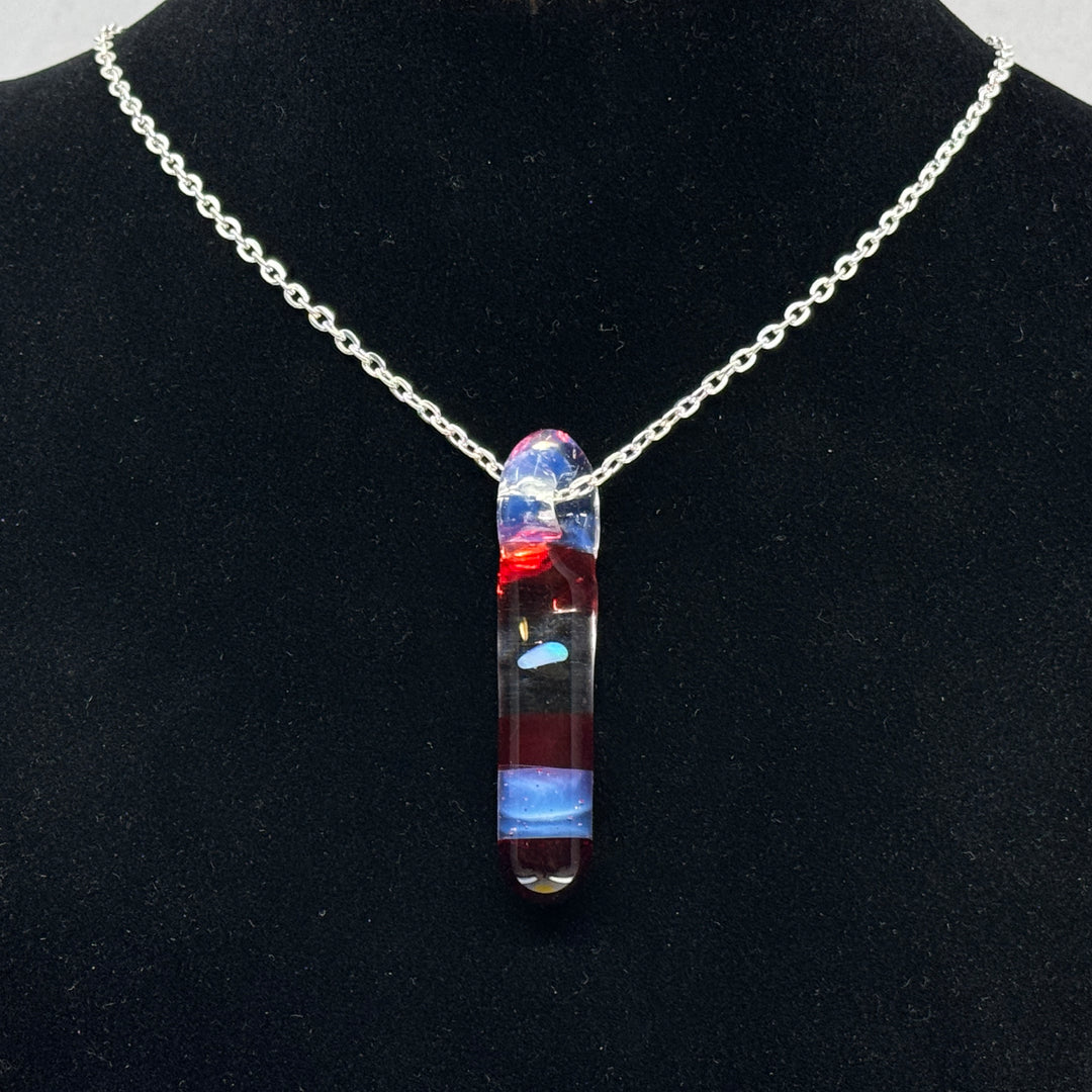 Hand Blown Glass and Opal Pendant by Blue Flame Glass on metal chain (single opal, red and white)