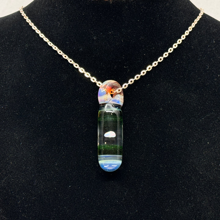 Hand Blown Glass and Opal Pendant by Blue Flame Glass on metal chain (single opal, yellow and green)