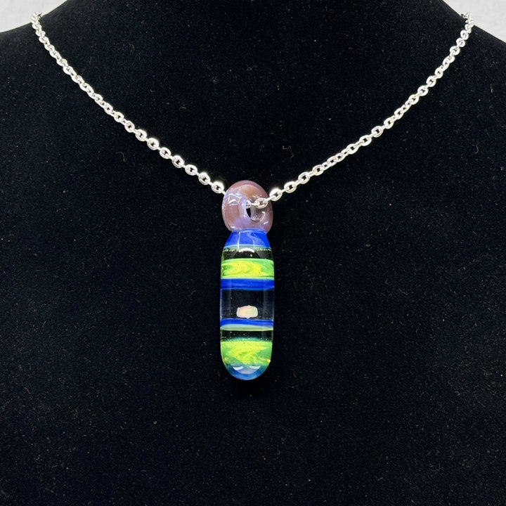 Hand Blown Glass and Opal Pendant by Blue Flame Glass on metal chain single opal, blue and light green)