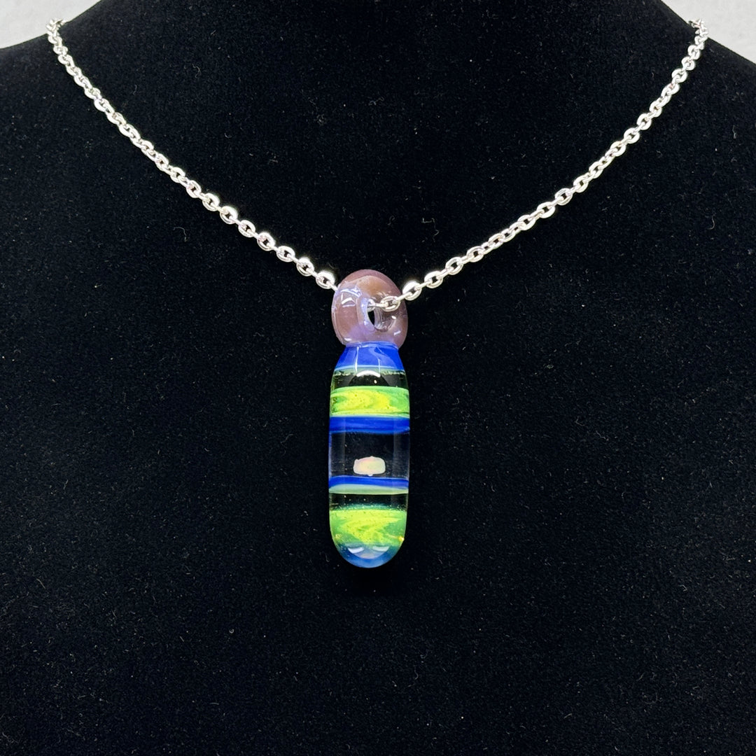 Hand Blown Glass and Opal Pendant by Blue Flame Glass on metal chain single opal, blue and light green)