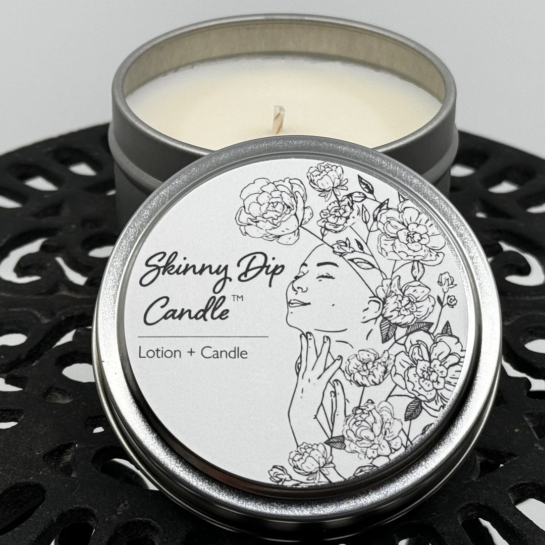 4 oz. tin of Skinny Dip Candle's Irresistible Lotion Candle, lid and inside