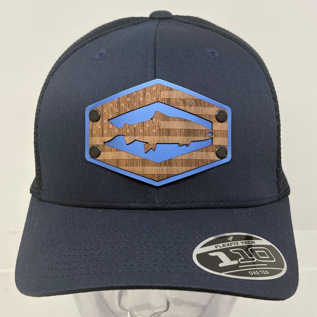 Walnut Wood Chinook Salmon American Flag Patch Flexfit Trucker Hat