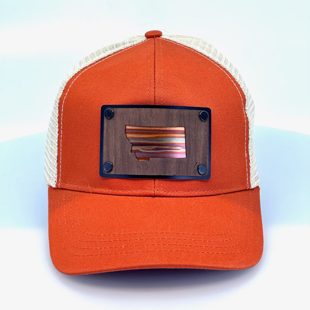 Walnut Montana and Copper Plate Patch on Organic Picante Trucker Hat