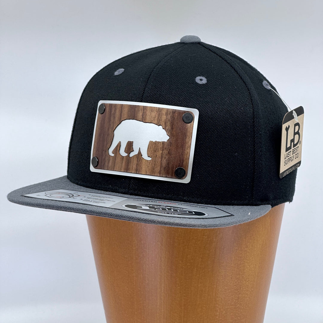 Walnut Bear Silver Plate Patch Flat Bill Hat - Black and Grey