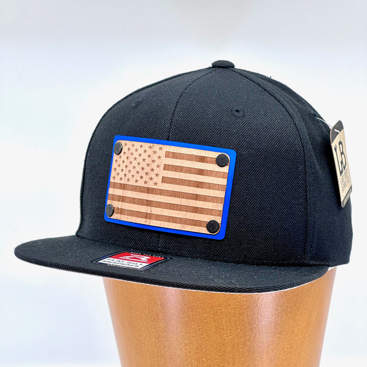 American Flag Wood & Blue Anodized Aluminum Plate Richardson Flat Bill Hat