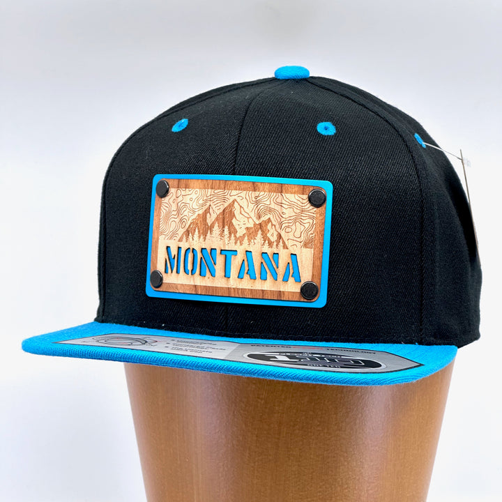 Montana Stencil Cherry Wood Teal Patch Plate Flat Bill Hat