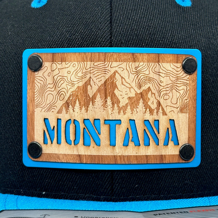 Montana Stencil Cherry Wood Teal Patch Plate Flat Bill Hat