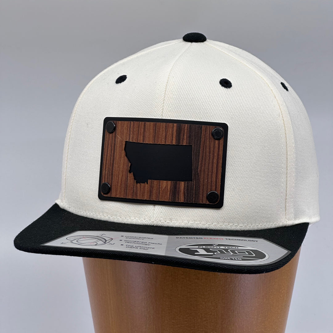 Montana State Rosewood and Patch Plate on Bone & Black Flat Bill Hat