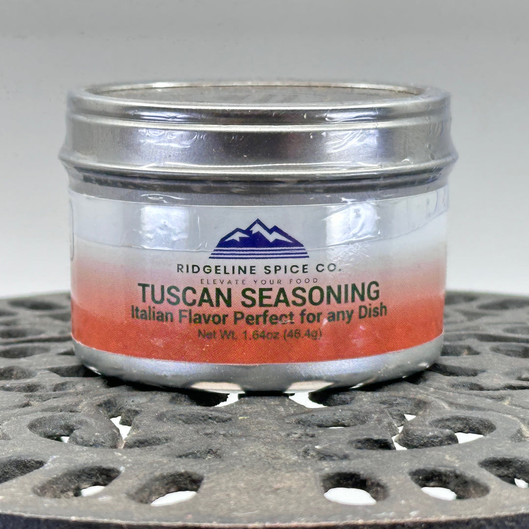 1.64 oz. can of Ridgeline Spice Co.'s Tuscan Seasoning, front