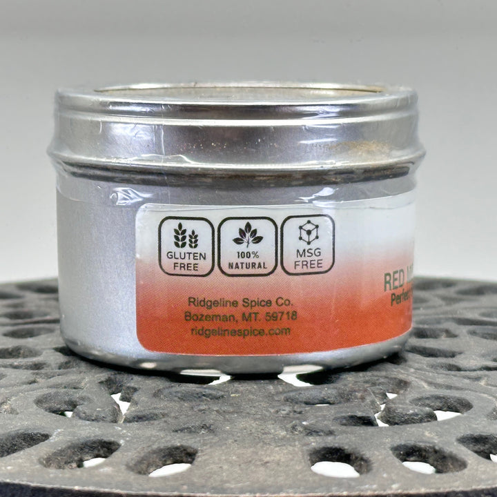 3.62 oz. can of Ridgeline Spice Co.'s Red Meat Seasoning Salt, descriptive elements