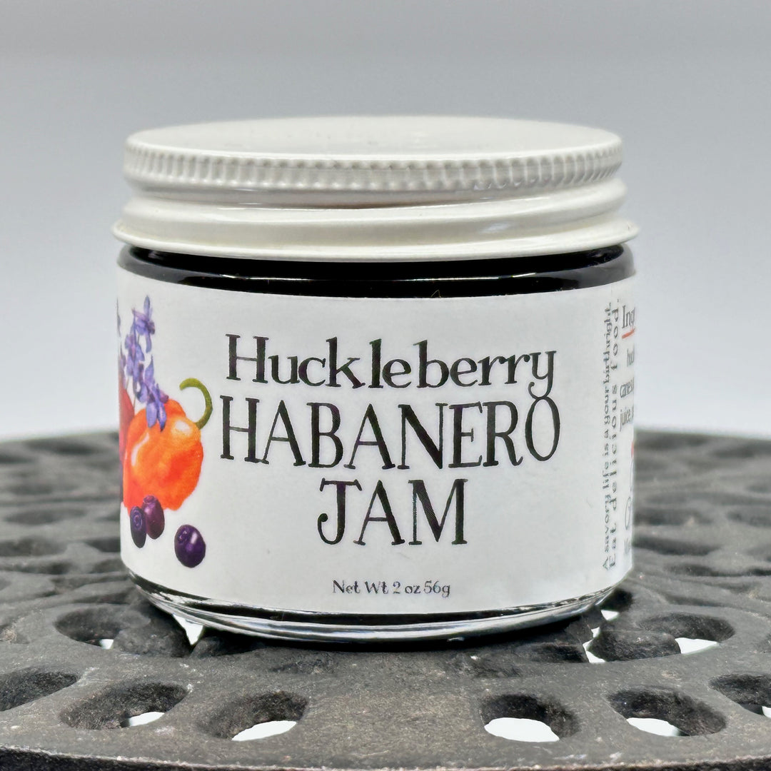 2 oz. jar of Key to the Mountain Huckleberry Habanero Jam, front