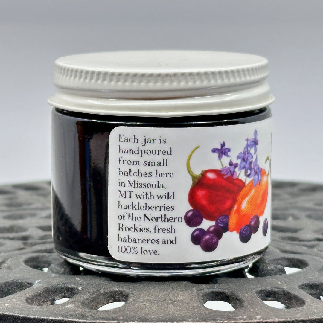 2 oz. jar of Key to the Mountain Huckleberry Habanero Jam, description
