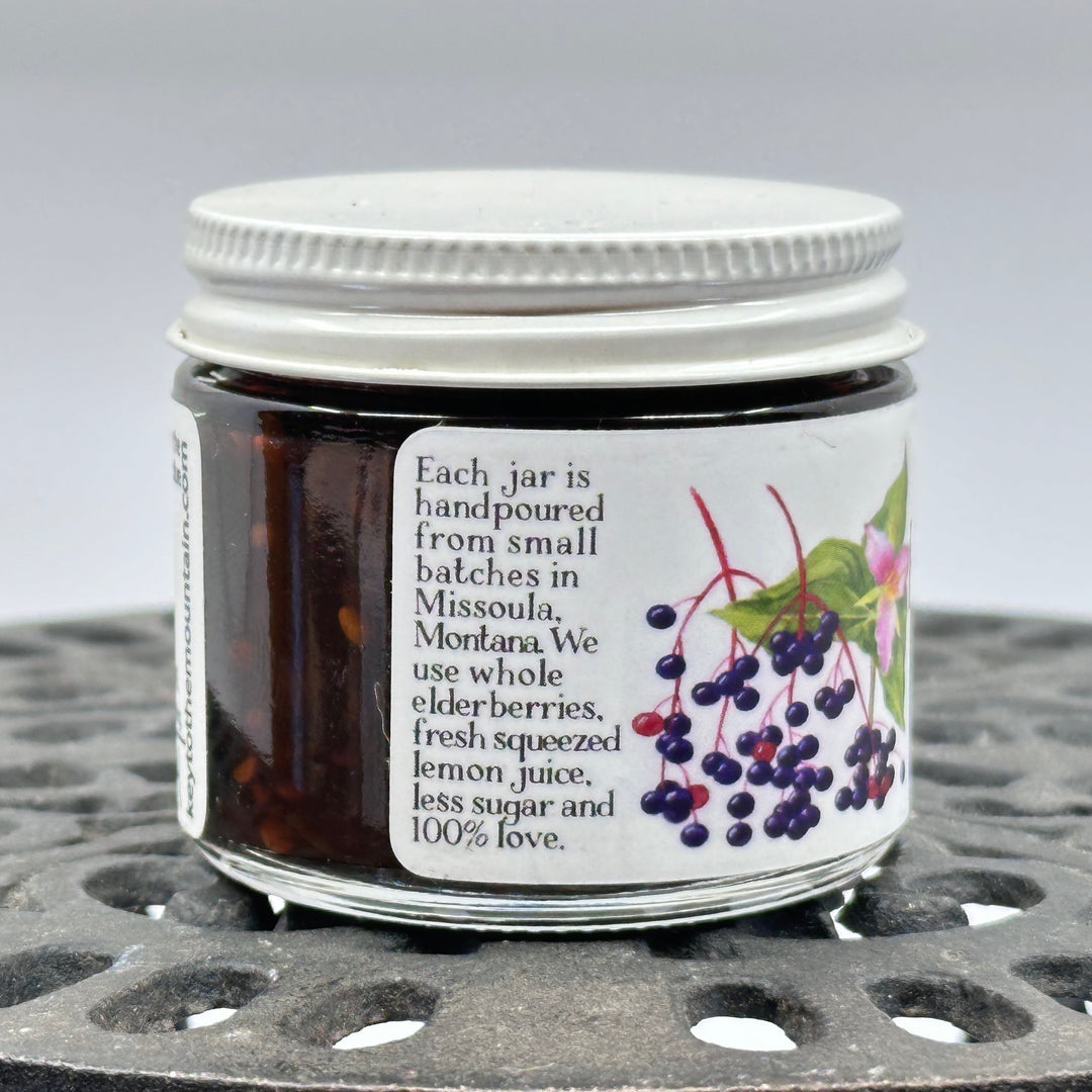 2 oz. jar of Key to the Mountain's Montana Grown Elderberry Jam, description