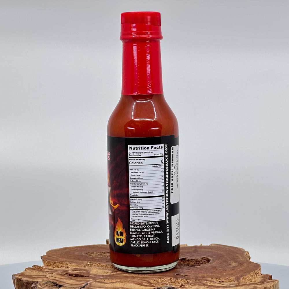 Bottle of Arthur Wayne XXX Carolina Reaper hot sauce, nutrition facts